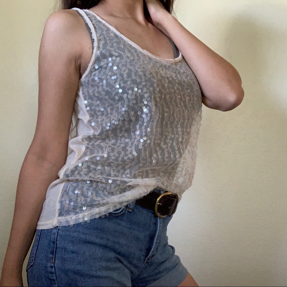 Jack beige sheer sequined front tank top